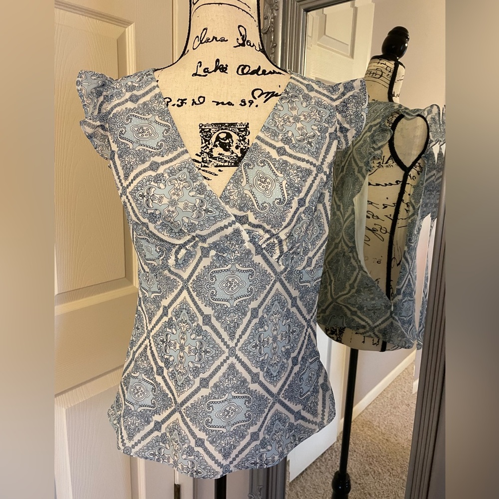 Light blue flutter sleeve blouse